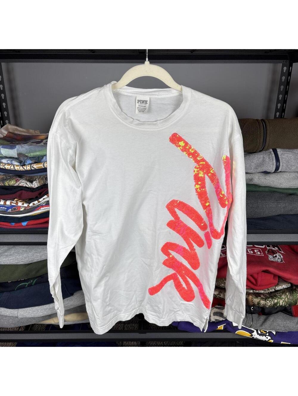 PINK Victoria's Secret Sequin Script Long Sleeve Tee White Neon Women's S